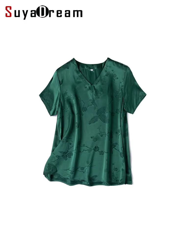 SuyaDream, T-shirt uni pour femme, 100% soie véritable, col en V, tissu jacquard, tee-shirt d'été ch