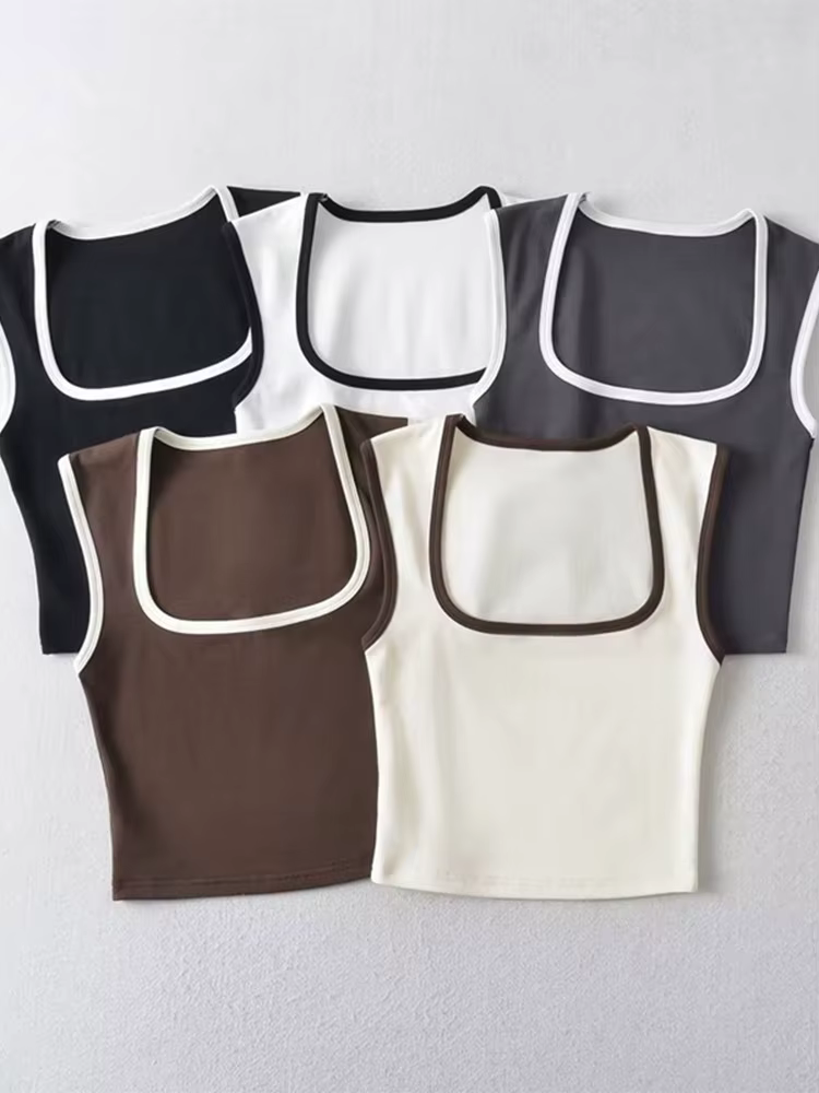 Débardeur sans manches pour femme, Slim, couleur contrastée, décontracté, col carré, haut court, vêt