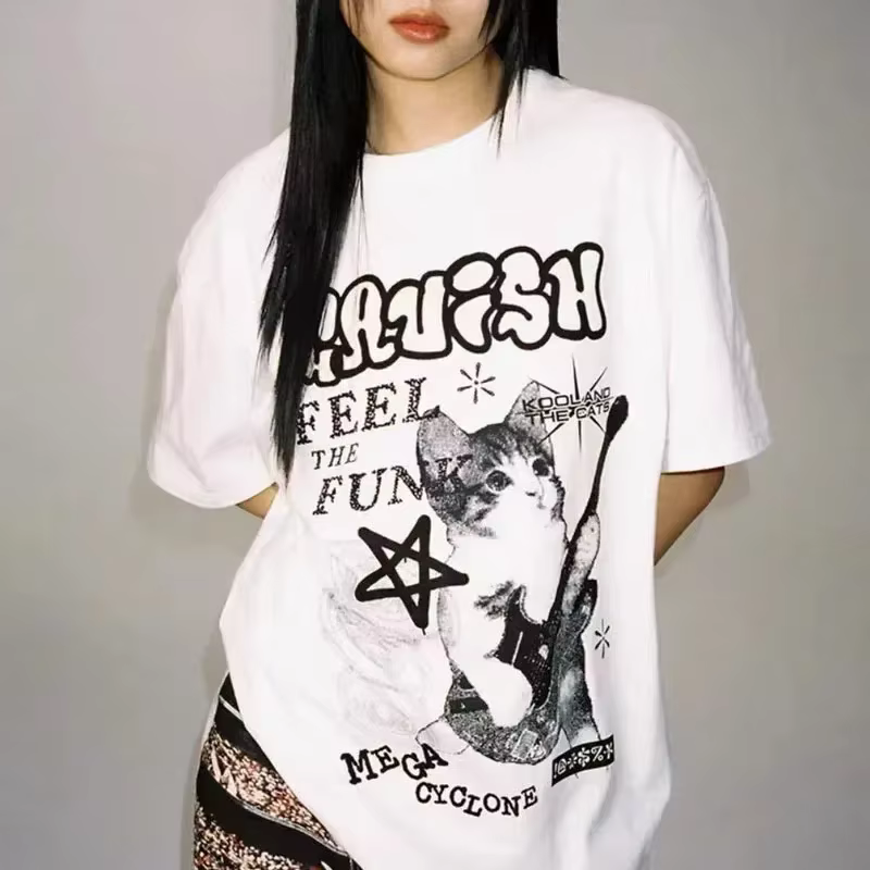 JEGraphic-T-shirt à manches courtes Cat Rock pour femmes, Streetwear américain, Vêtements d'été, Mod