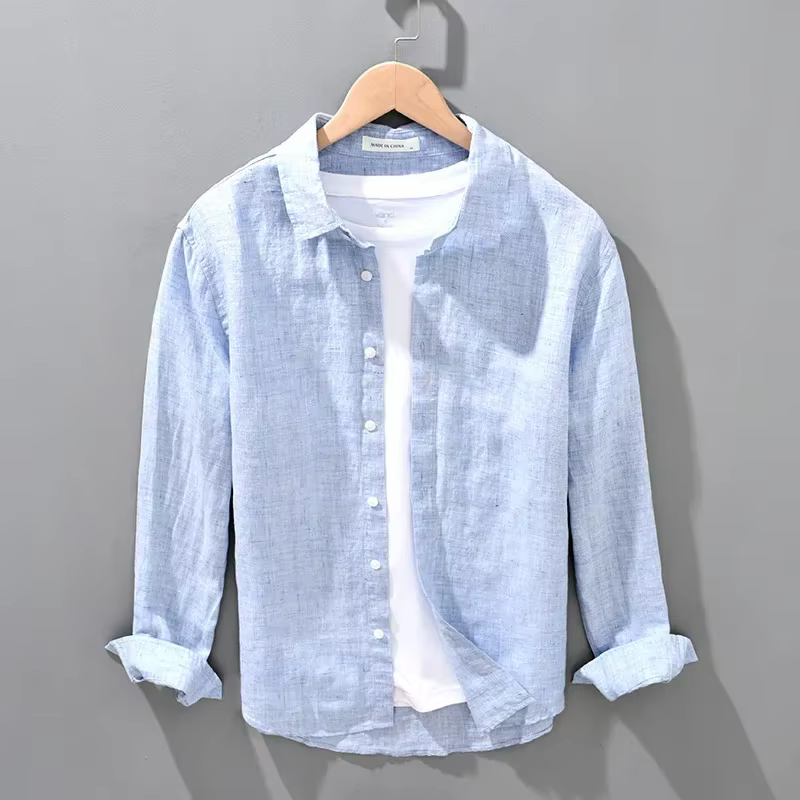 Chemise en lin à manches longues pour hommes, chemise respirante, haut de style coréen, vêtements d'