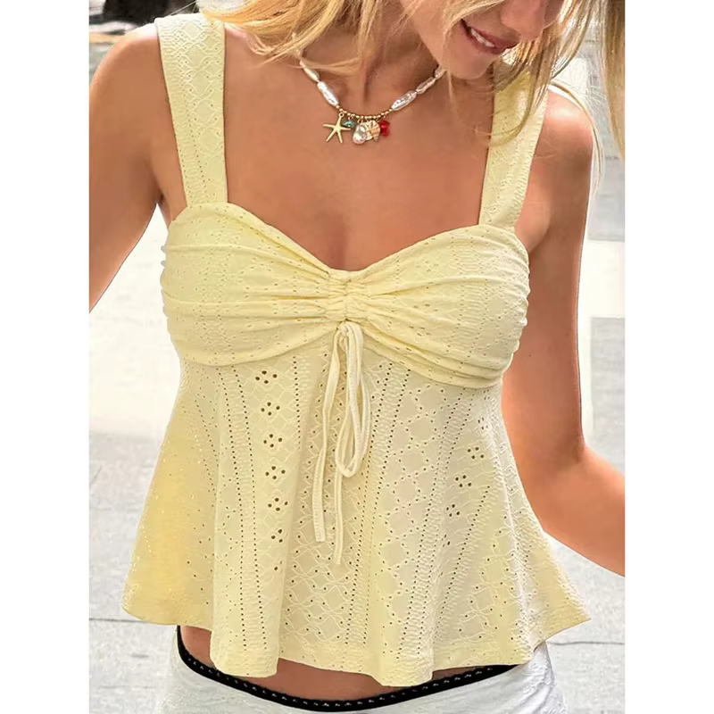 Débardeur femme à nœud à nouer sur le devant, broderie anglaise, buste froncé, sans manches, style b