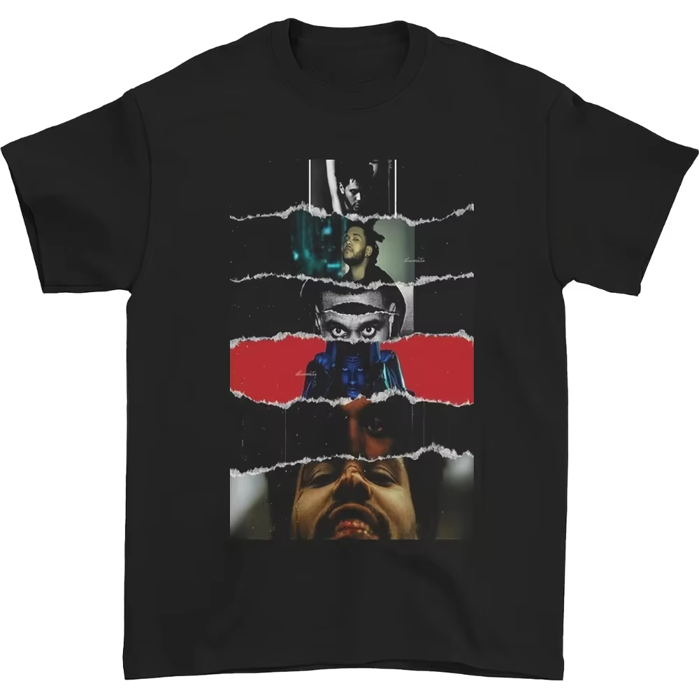 T-shirt pour femme, motif collage de papier déchiré The Weeknd, style rétro, en coton, streetwear d'