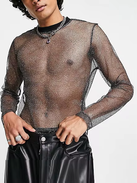 T-Shirts en maille pour hommes, chemise à manches longues, pull transparent brillant, chemise à basc