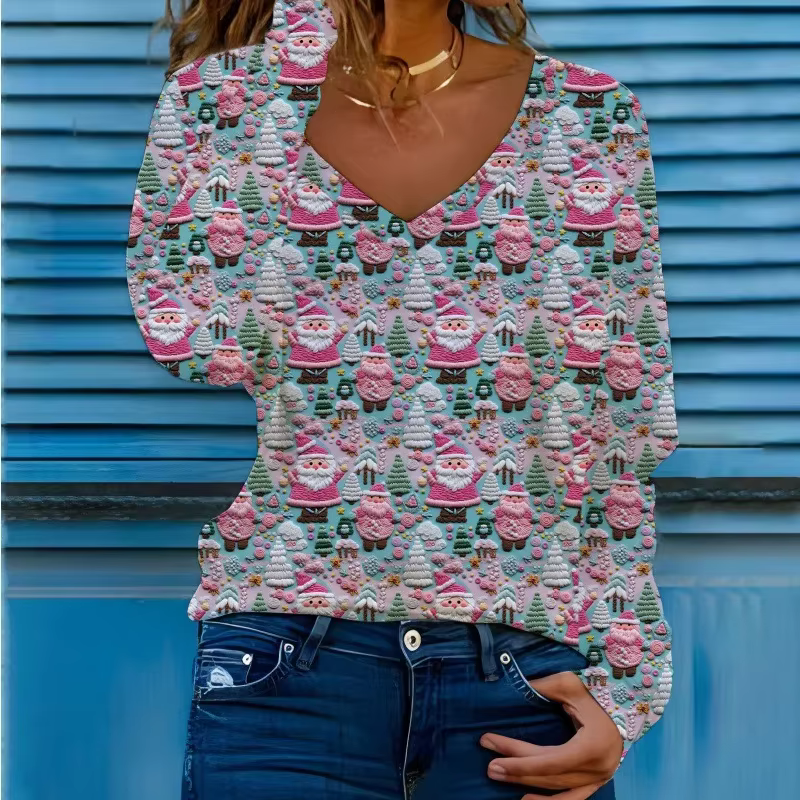 Femmes noël mignon bonhomme de neige t-shirts nouveau automne hiver noël 3D imprimé col en V chauve-