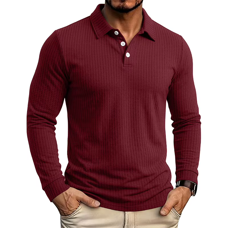 Polo à manches longues en tricot gaufré pour homme, couleur unie, boutonné, décontracté, pour l'auto