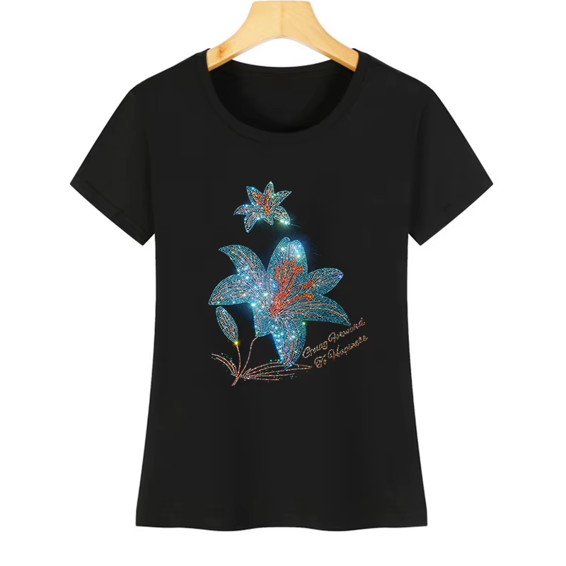 T-Shirt à fleurs en strass pour femmes, en coton de soie glacée, à manches courtes, décontracté, à l