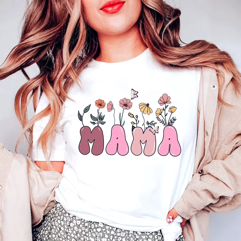T-shirts d'été à manches courtes pour femmes, col rond, imprimé « Mama », motif floral, décontracté,