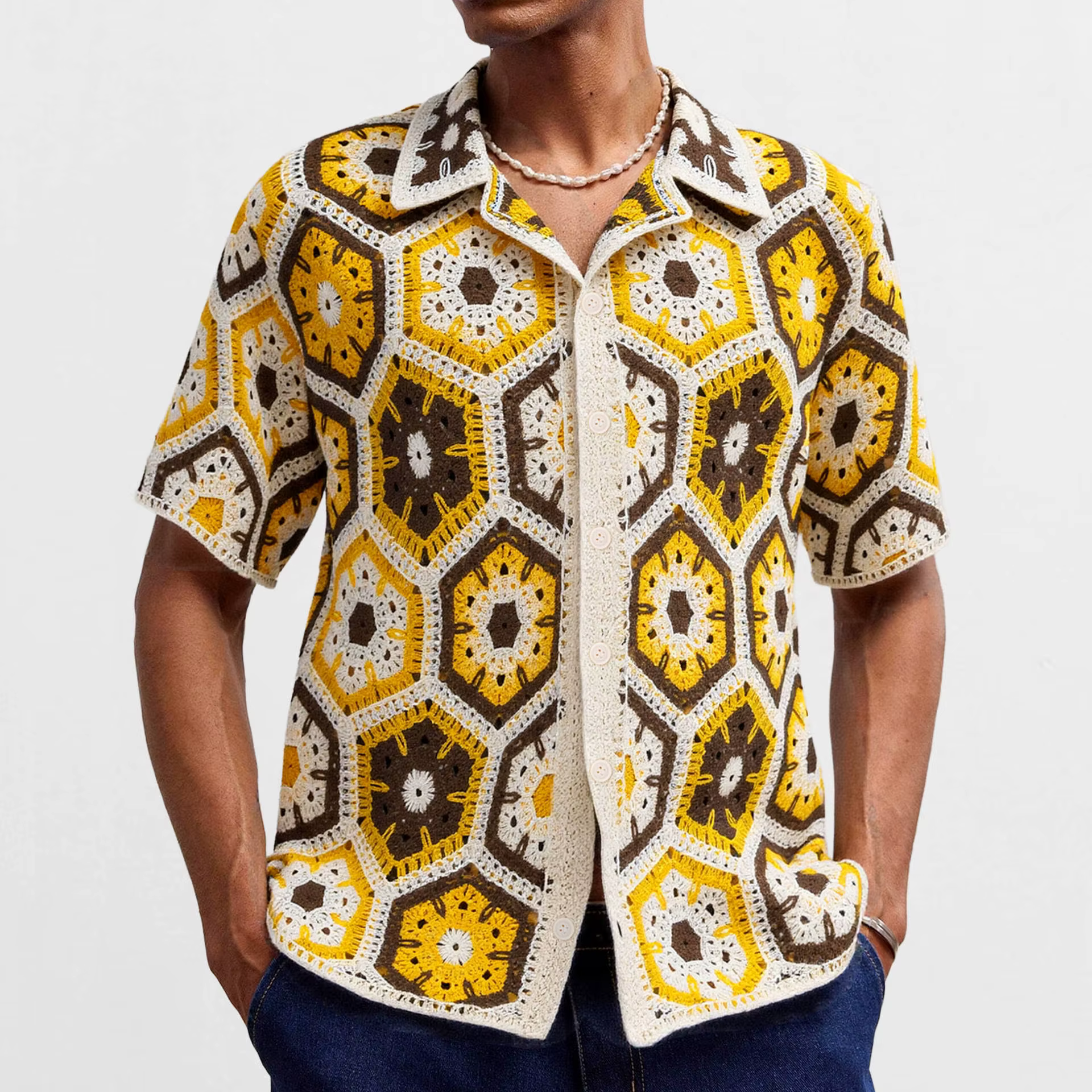 Polo rétro à lacets en Crochet pour hommes, Style américain, chemises amples rayées, tricoté, respir