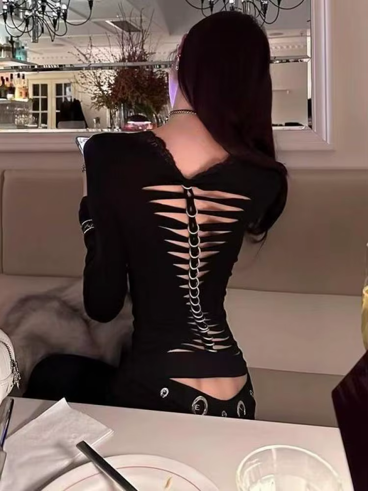Seeslim noir Sexy dos évider femmes T-shirt Goth à manches longues mince 2000s vêtements Y2k t-shirt