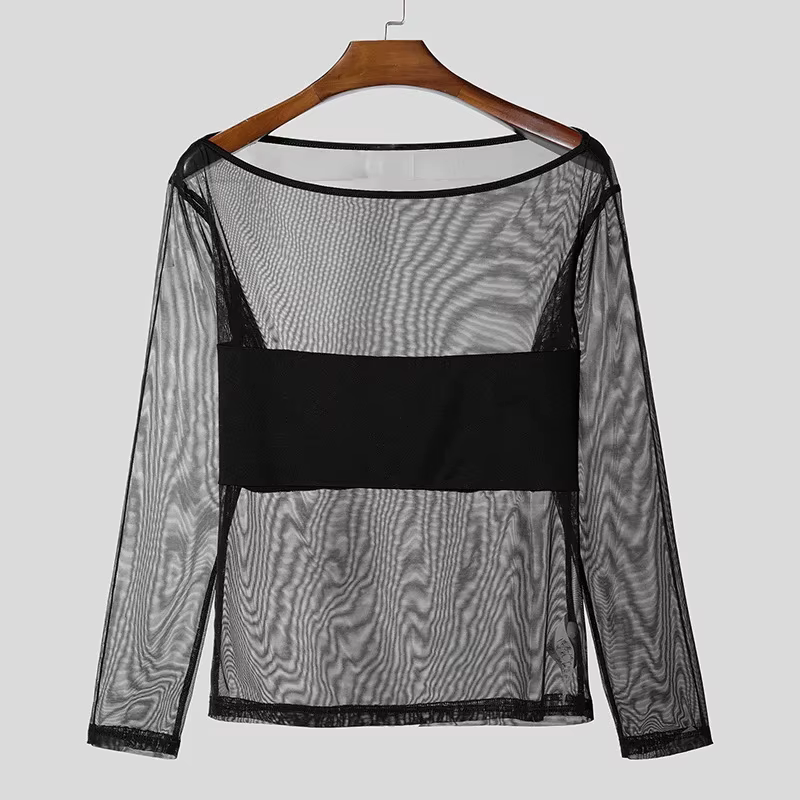 Nouveau T-shirt transparent en maille pour homme, à épaules dénudées, manches longues, coupe ajustée