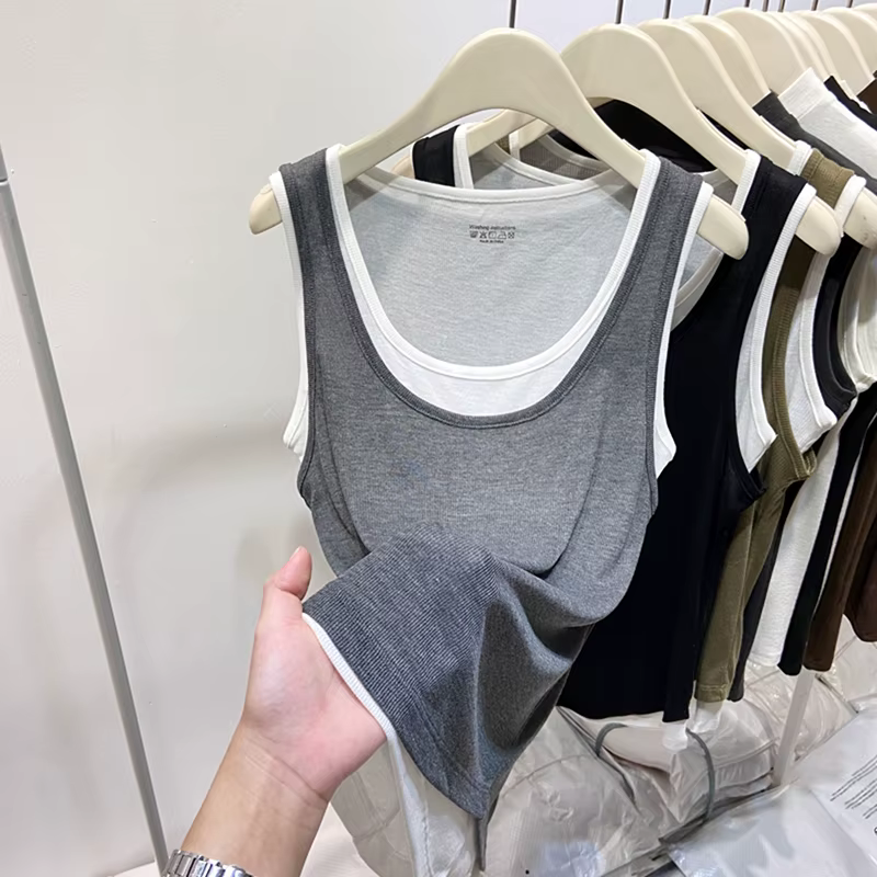Faux débardeur deux pièces à col en U pour femmes, hauts d'été décontractés et amples sans manches,