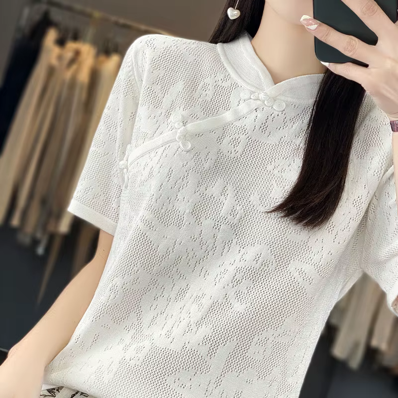 T-shirt à manches courtes pour femme, pull creux en jacquard tridimensionnel, t-shirts d'été, pull c