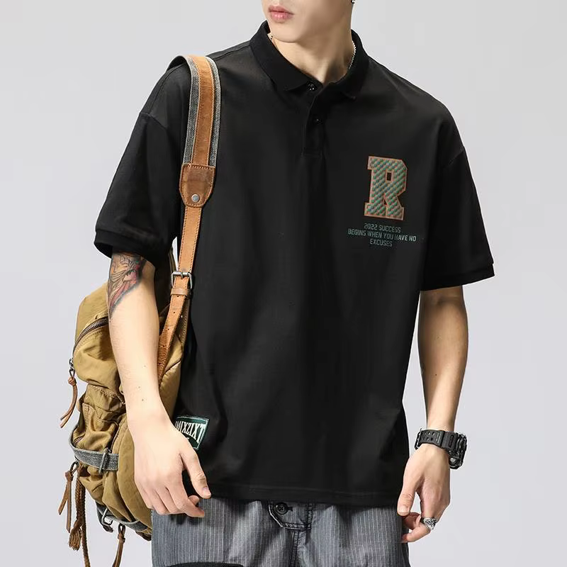 T-shirts amples avec lettres rétro américaines, vêtements pour hommes, col Polo, boutons, nouveaux m