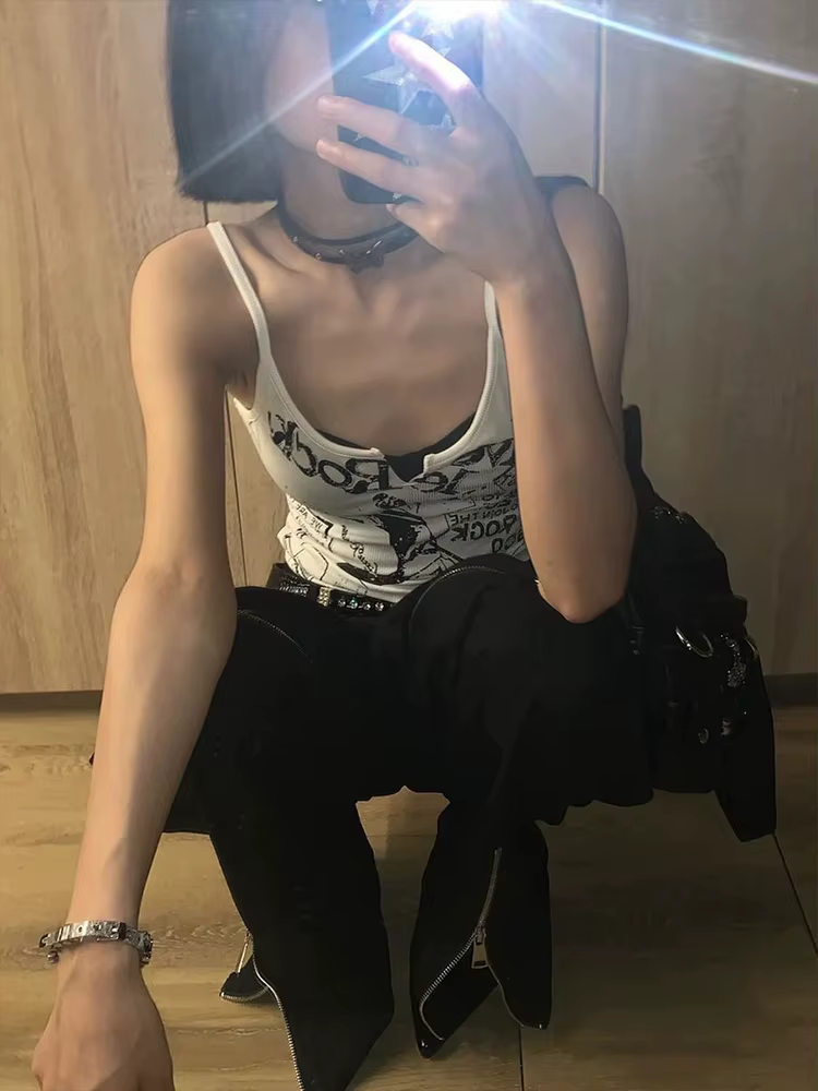 Y2K e-girl Punk imprimé sans manches côtelé tricot débardeur pour femmes 2000s haut court été fée Gr
