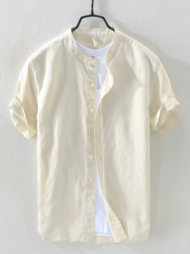 Chemise à manches courtes pour homme, col mandarin, mélange de lin, décontractée, ample, boutonnée,