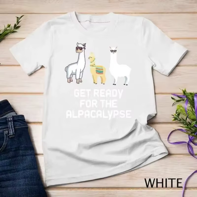 T-shirt à manches courtes imprimé dessin animé unisexe, Lama drôle, Alpaga avec lunettes de soleil, 
