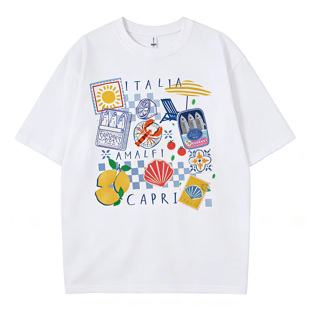 T-shirt graphique Capri Italia, style rétro, humoristique, thème fruits de mer, vacances, manches co