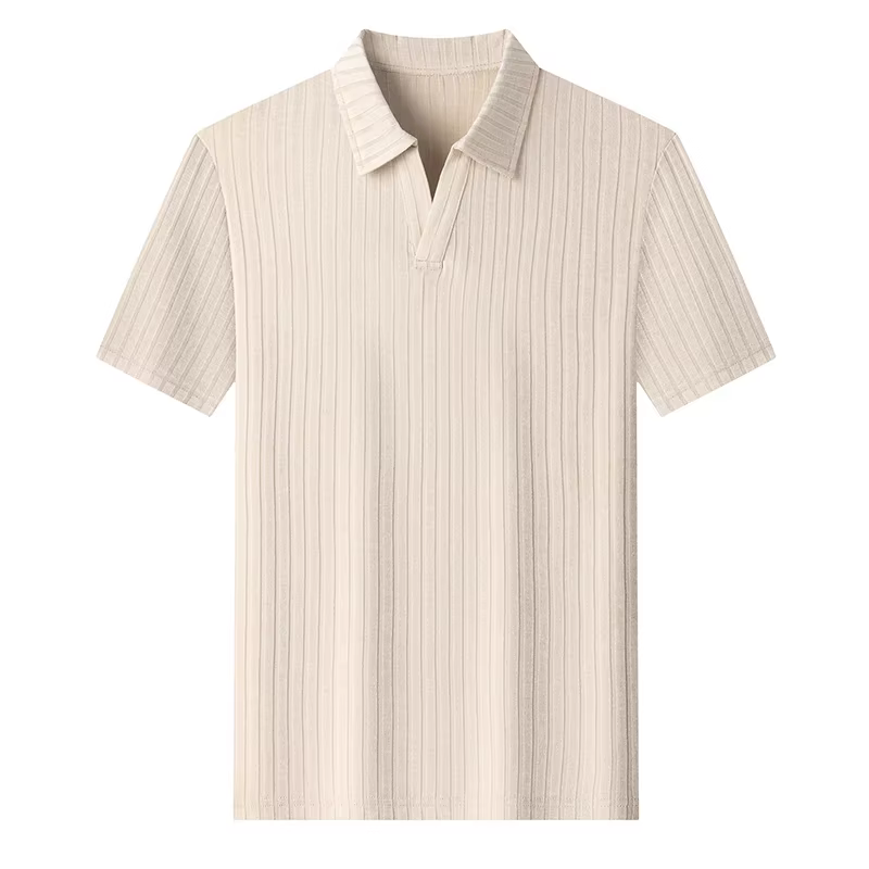 Polo en tricot à col en V pour homme, manches courtes, tissu côtelé rayé, confortable, respirant, dé