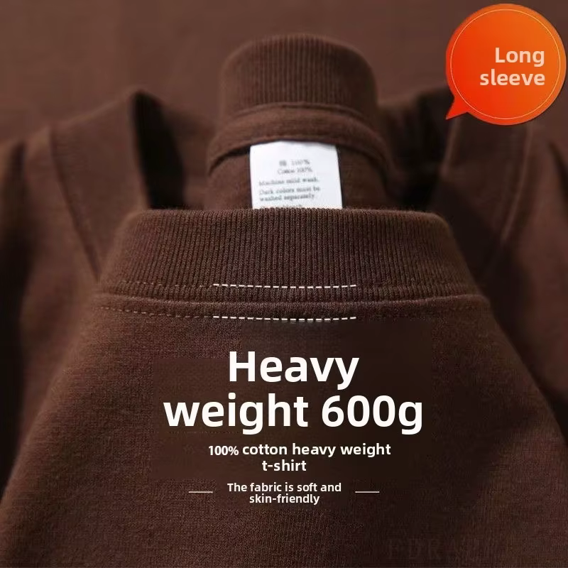 600G/ ㎡ T-shirt à manches longues pour hommes, chemise à bascule avec petit décolleté, ample, pur