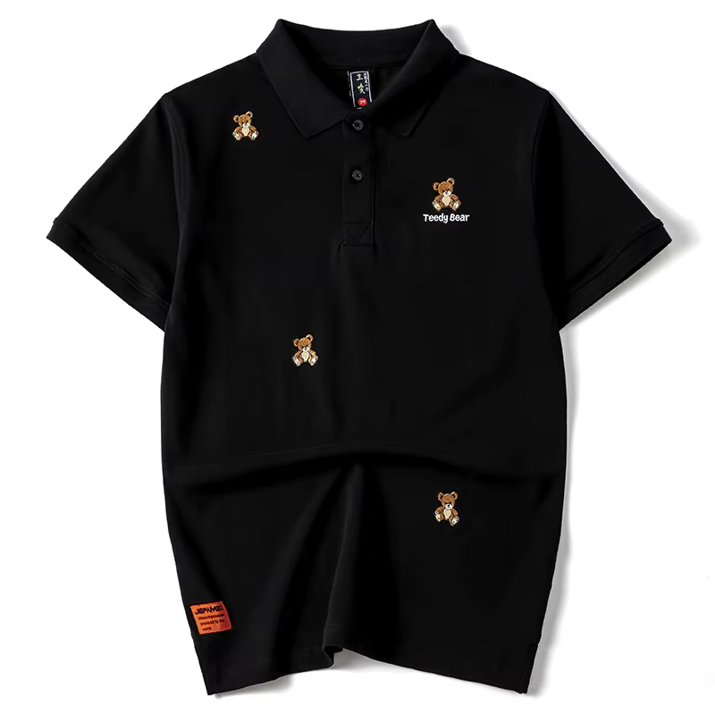 Polo de luxe brodé ours en peluche pour hommes, 100% coton, Hip-Hop, Harajuku, revers noir, manches 