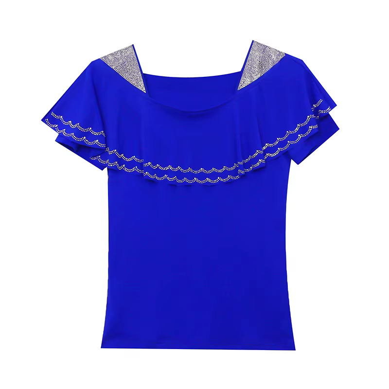 Été volants maille col carré T-Shirts femmes à manches courtes diamants t-shirt Femme mode Patchwork