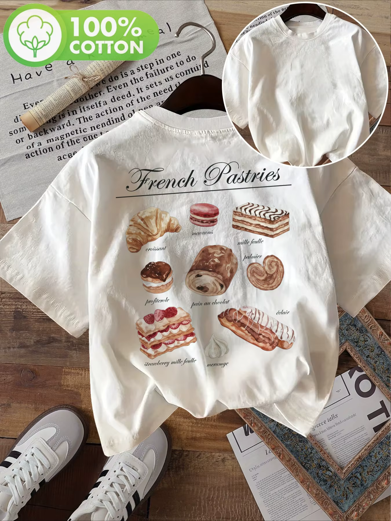 T-shirt imprimé Pâtisseries Françaises, décontracté, été, pour femme, manches courtes, col rond, ave