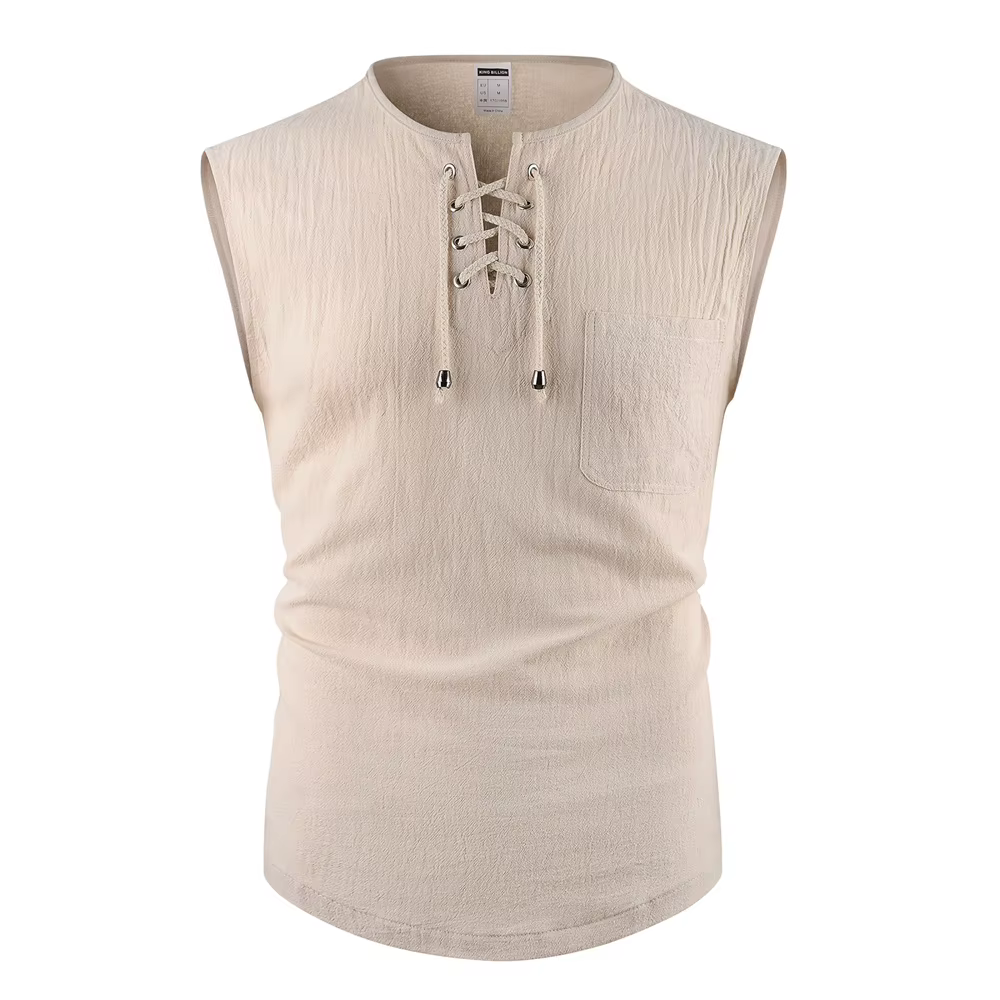 Débardeur en coton et lin pour hommes, respirant, léger, couleur unie, cordon de serrage, col en v, 