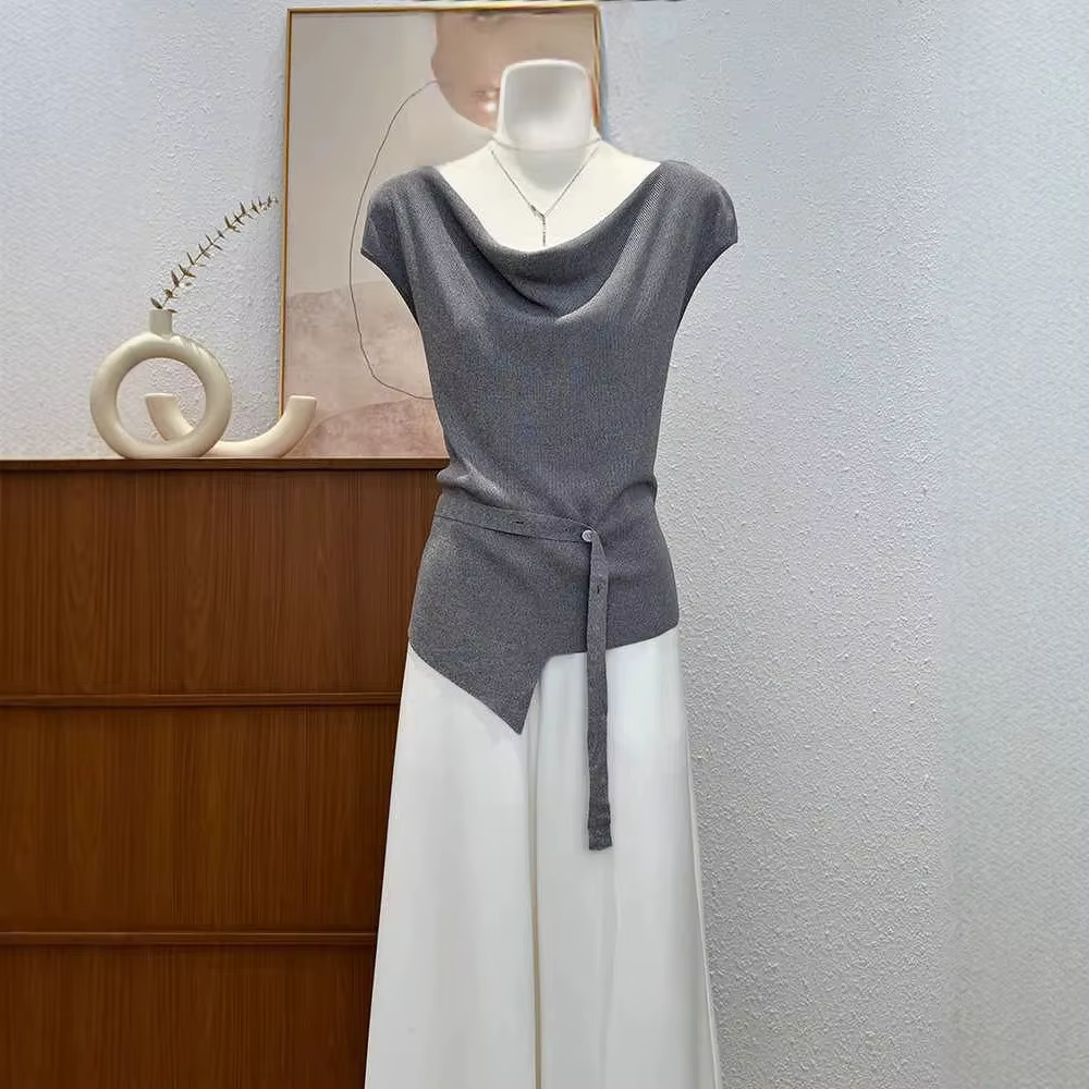 T-shirt tricoté à manches courtes pour femme, col rond, taille cintrée, design col swing, mode estiv