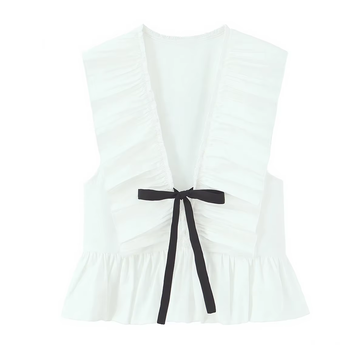 HH Blouse élégante minimaliste sans manches à volants, col en V, nœud papillon noir, crop top peplum