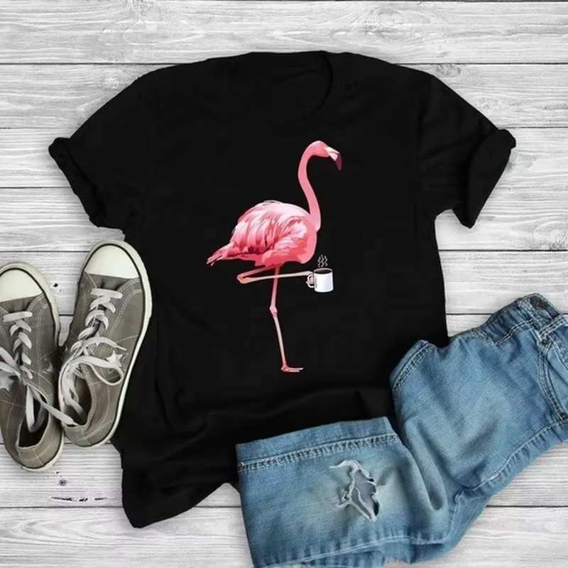 Flamingo café imprimé t-shirt femmes à manches courtes col rond t-shirt ample été femmes t-shirt hau