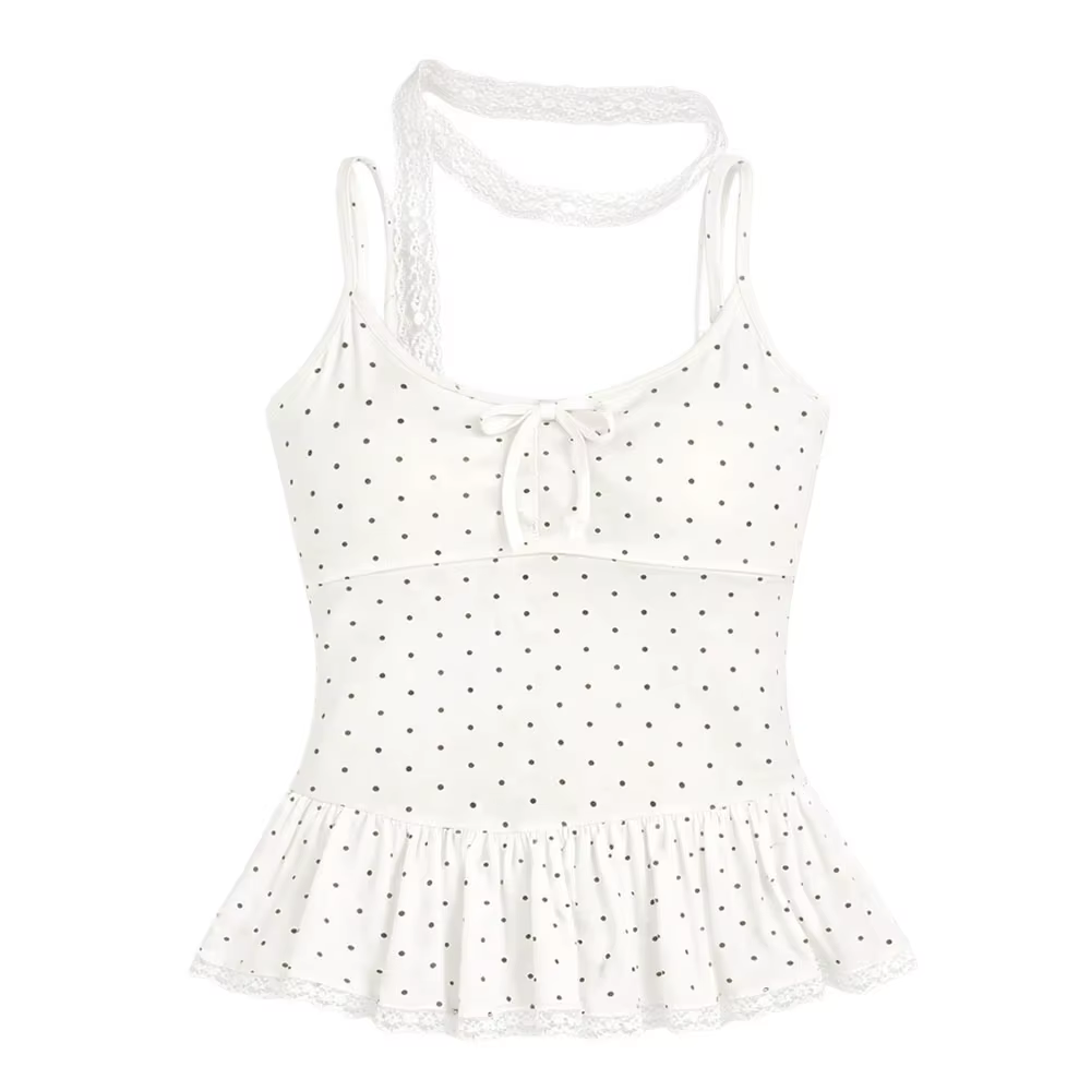 Nouveau débardeur camisole à pois avec nœud et dentelle, coupe ajustée, sexy, col en V, avec ruban