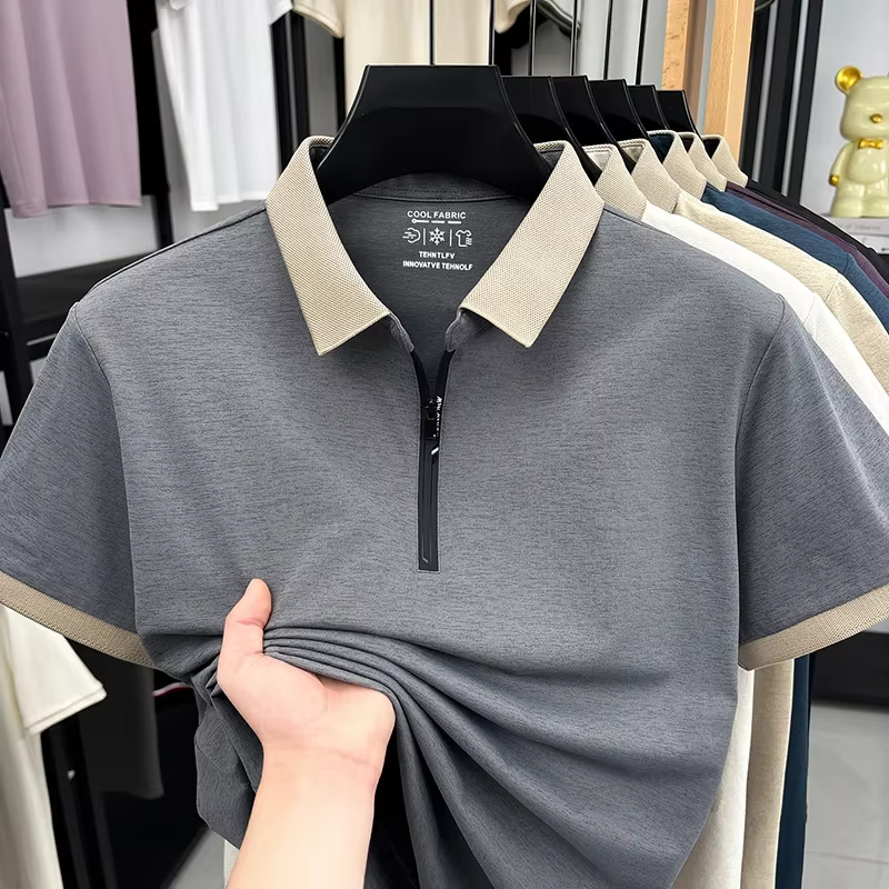 Polo pour homme en tissu respirant à demi-zip avec col à revers et manches courtes, idéal pour le qu