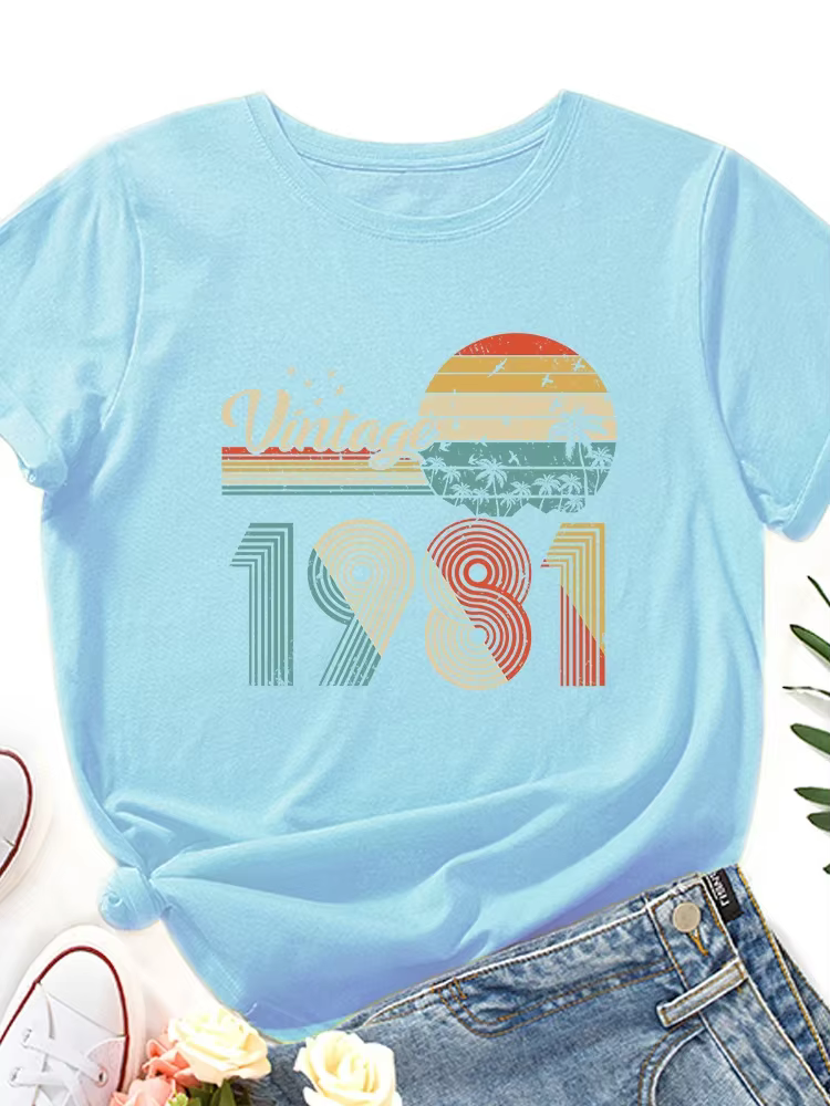 T-shirt manches courtes col rond femme, vintage, imprimé, 1981