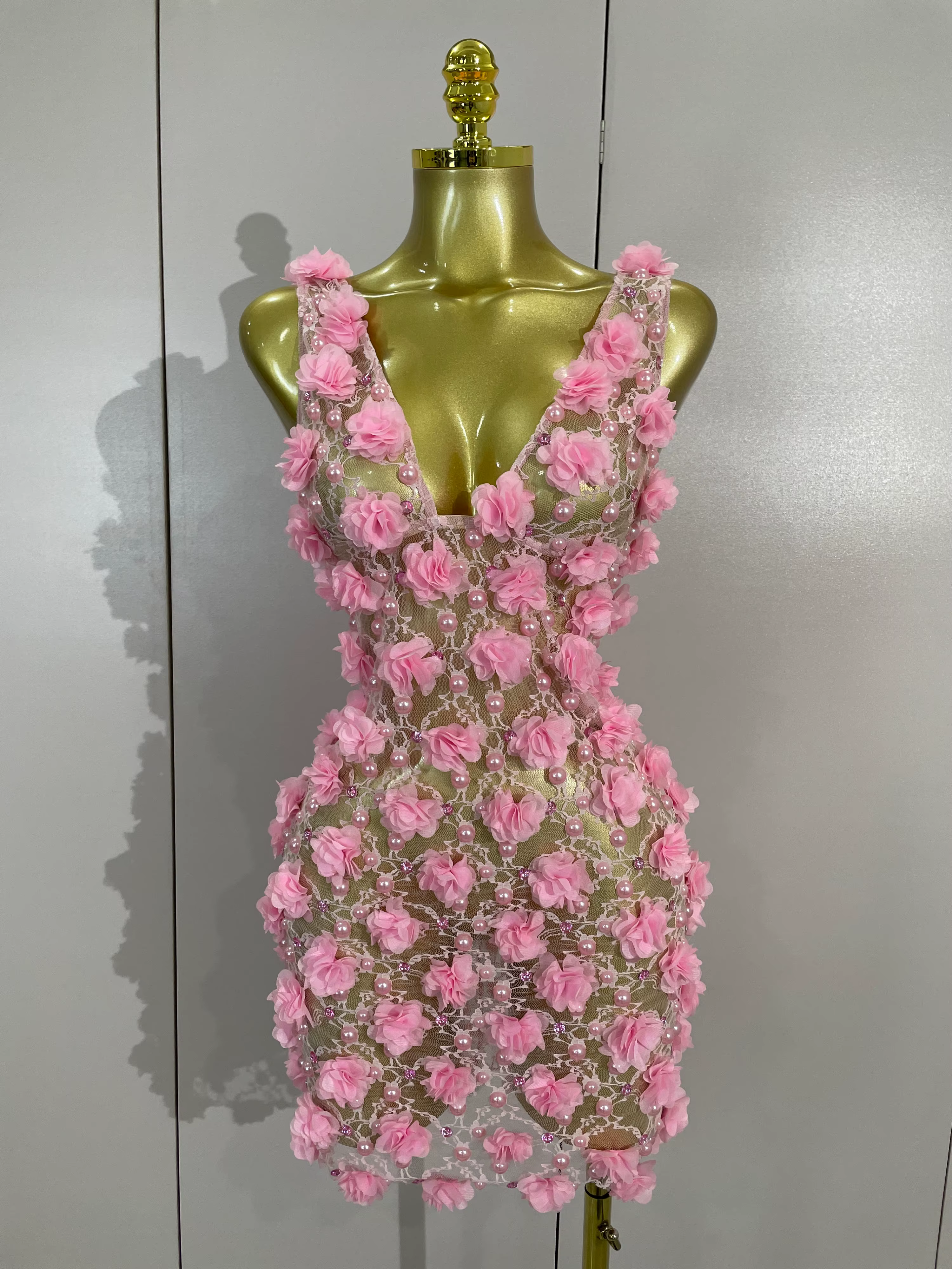 Robe de soirée pour femmes, robe de club, robe d'anniversaire, robe rose à fleurs en perles, robe en
