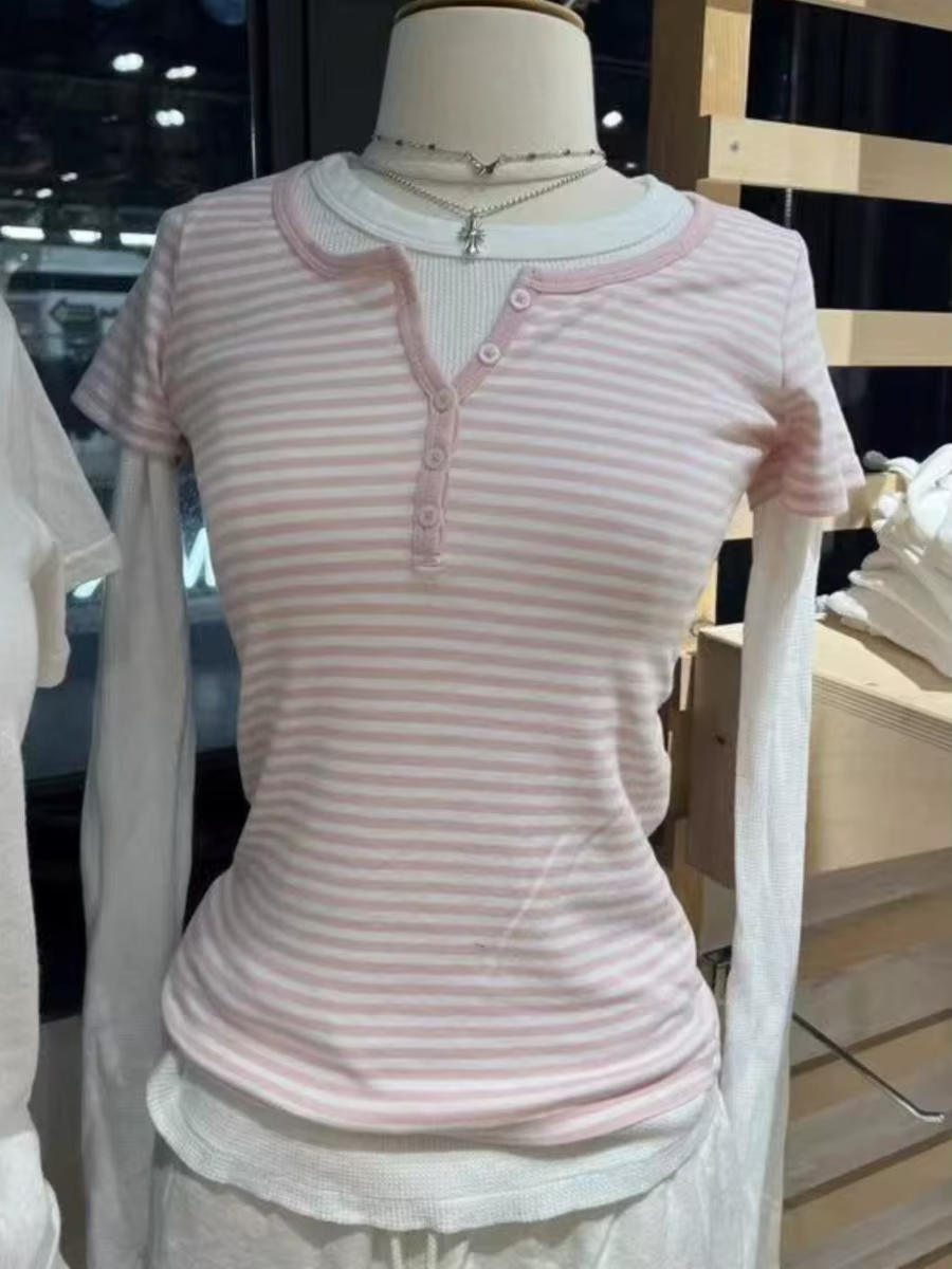 Doux petit rose rayé T-shirts femmes nouveau coton col rond décontracté mince boutons à manches cour
