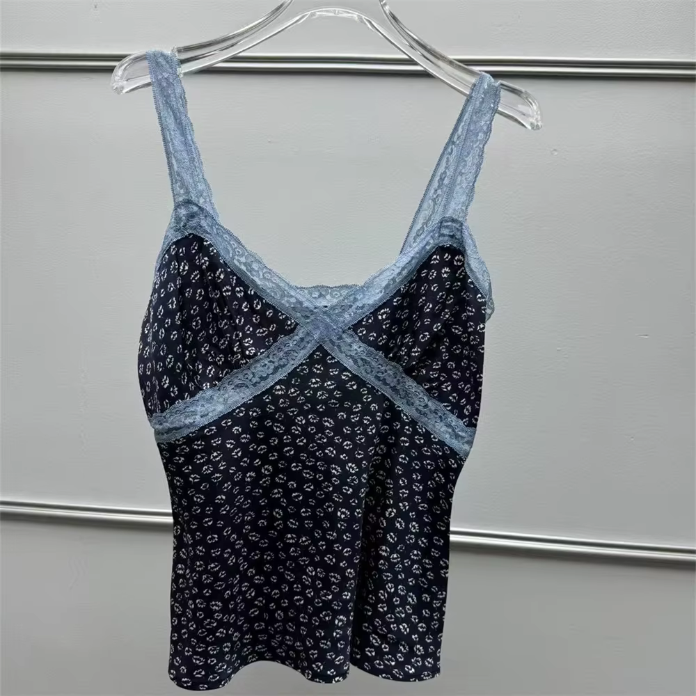 Français 2025 nouvelles femmes Viscose débardeur bleu dentelle couture col en v Sexy dames sangle mi