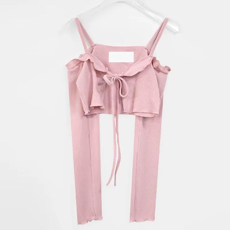 Mode rose Sexy femmes épaules nues à lacets manteaux corée printemps été nouveau doux Cardigan court