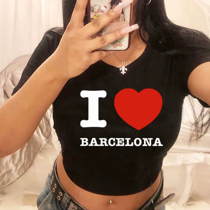 J'aime Barcelone femmes T-Shirt été Harajuku haut court Sexy vêtements de fête col rond recadrée nom
