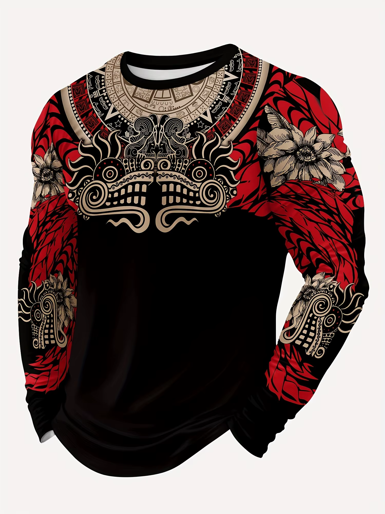 T-shirt à manches longues imprimé Quetzalcoatl pour homme 2026 avec graphiques aztèques numériques, 