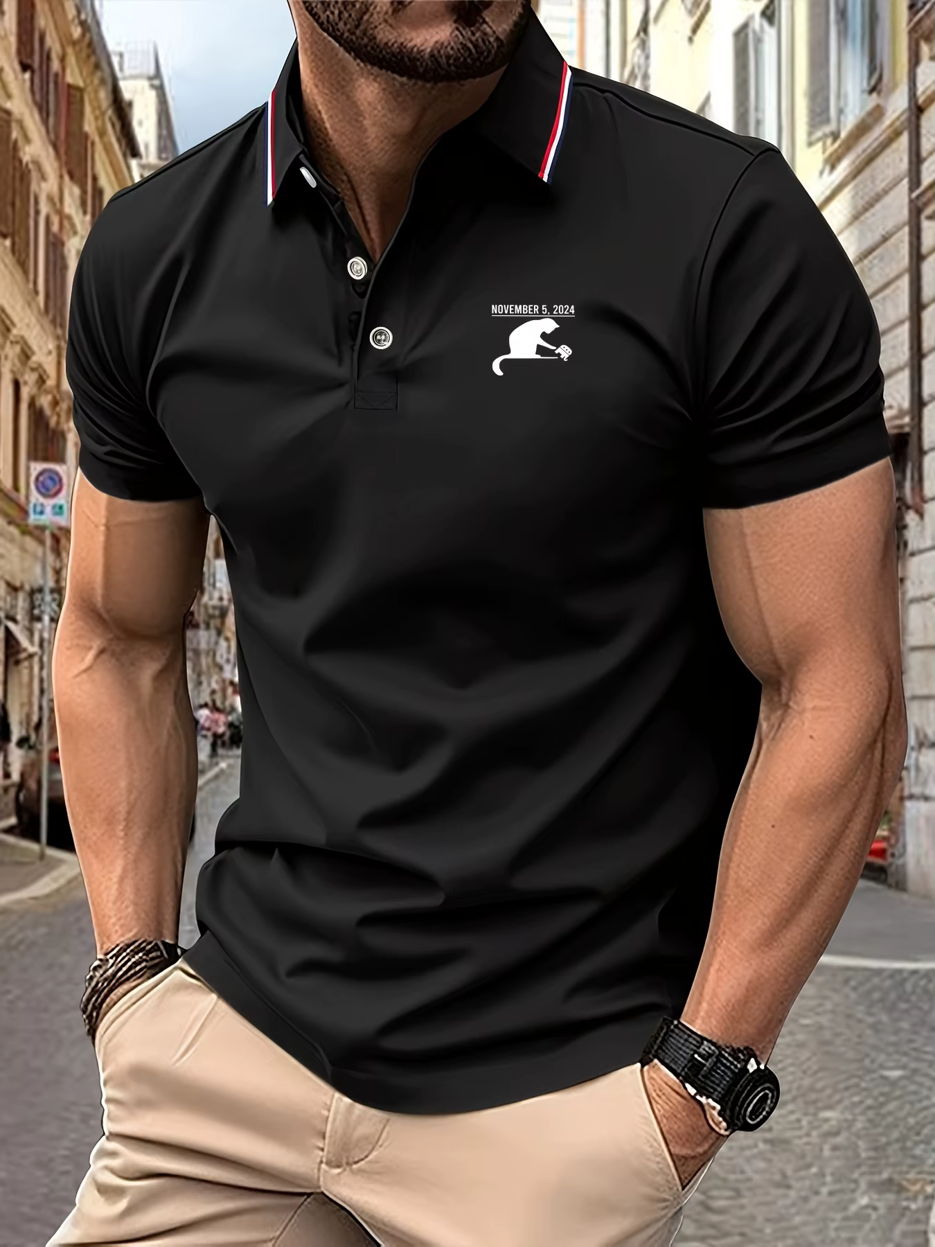 2025 nouveau polo d'été pour hommes motif chat et éléphant, 5 novembre 2024 polo décontracté d'été