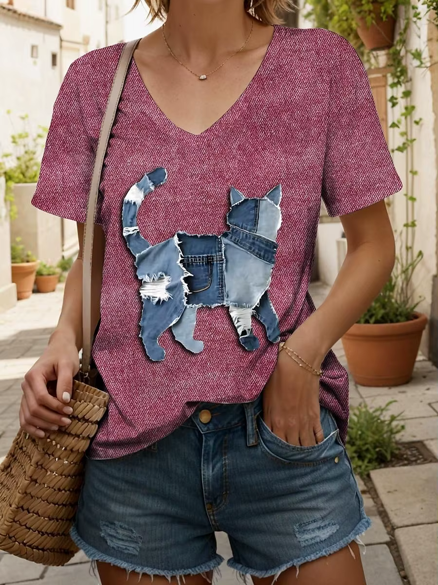 T-shirt manches courtes col en v pour femmes, motif chaton mignon, mode décontractée, haut régulier,