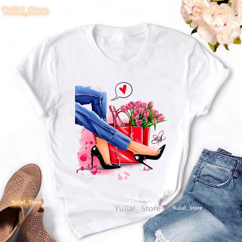 T-shirt imprimé fleurs pour femmes, Love High Shoes, T-shirt femme Harajuku, Shipping Is My Cardio,