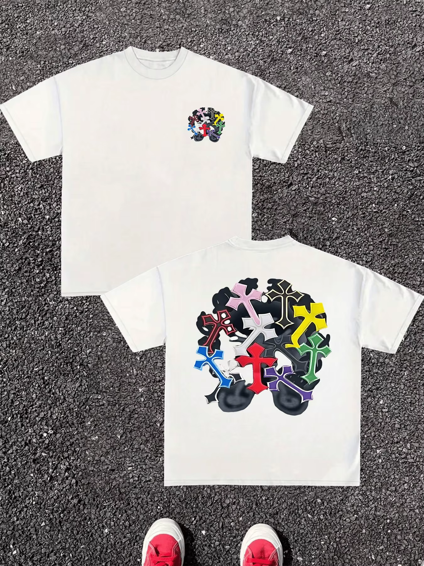T-shirt pour homme en pur coton, impression numérique double face avec croix colorées, graphique uni