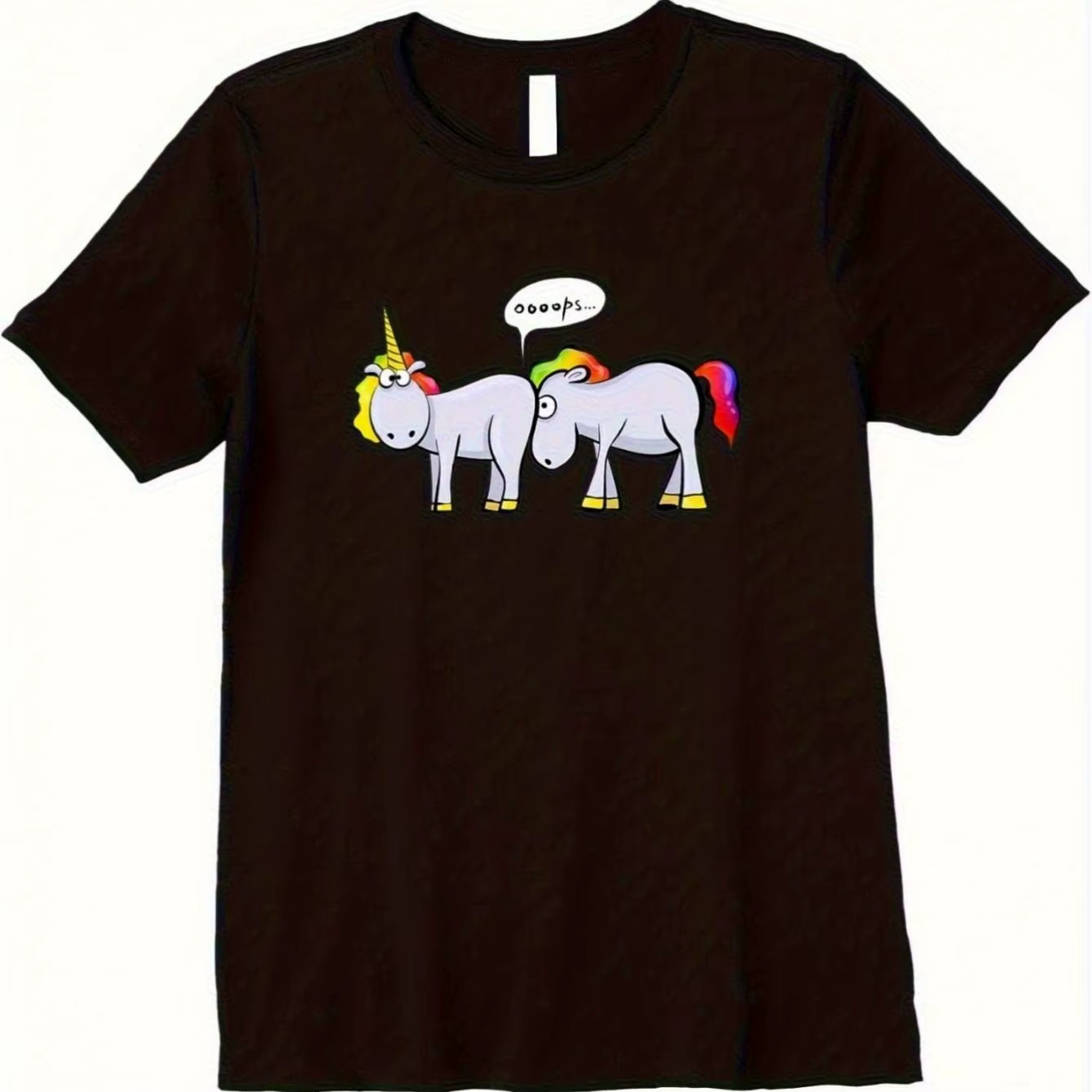 T-shirt unisexe en coton à col rond avec motif drôle d'une licorne qui fait des crottes arc-en-ciel,