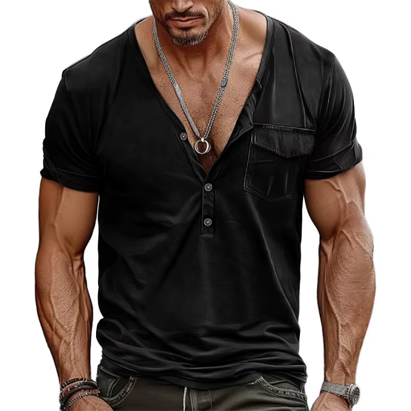 T-shirt Henley col en V pour homme, collection été 2026, style rétro, coupe ample, avec poche, manch