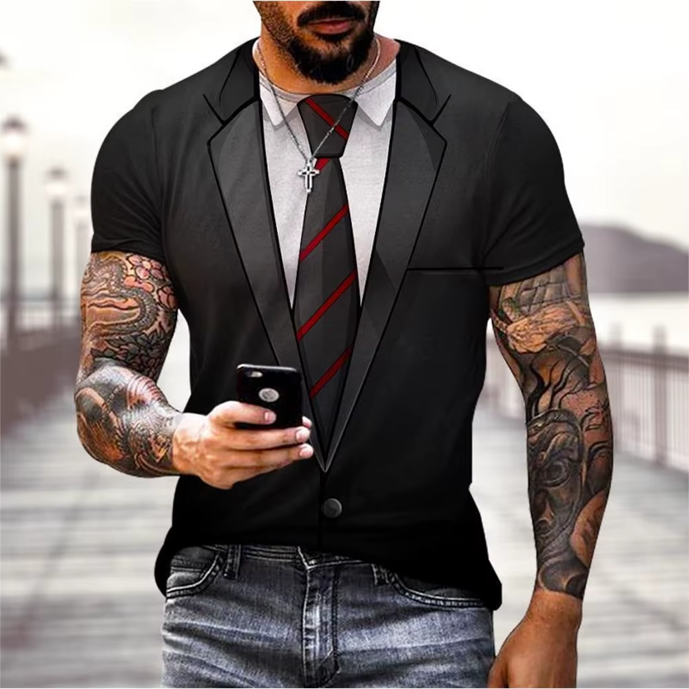 Mode d'été drôle faux costume 3D imprimé T-shirt manteau de queue cravate T-shirt hommes rue à manch