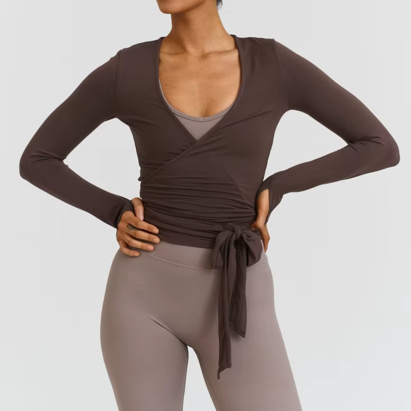 Y2k Ballet Pilates Wrap Top pour femmes entraînement Yoga danse à manches longues Wrap chemise mince