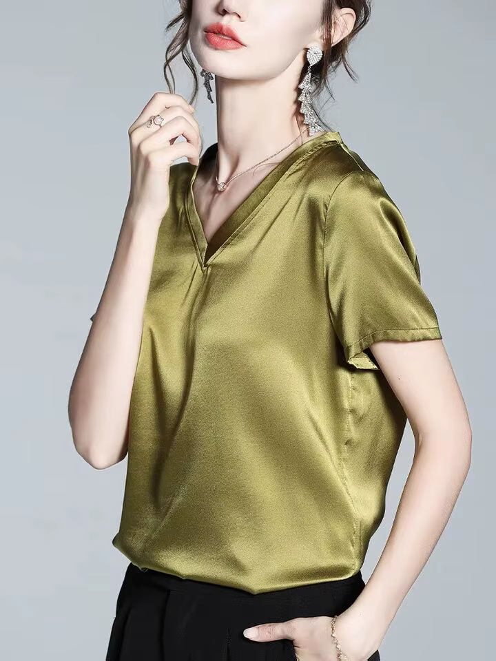 Ice InjT-T-shirt à manches courtes en satin acétate pour femme, haut ample et décontracté, chemise d