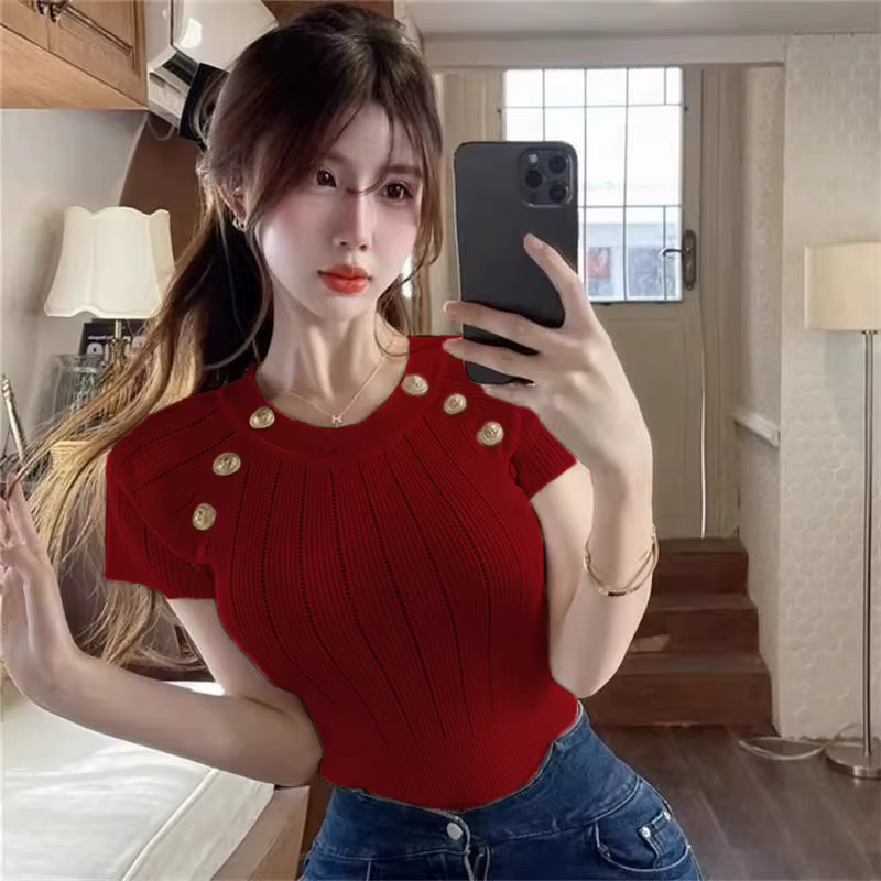 T-Shirt extensible à col rond et perles pour femmes, décontracté, à la mode