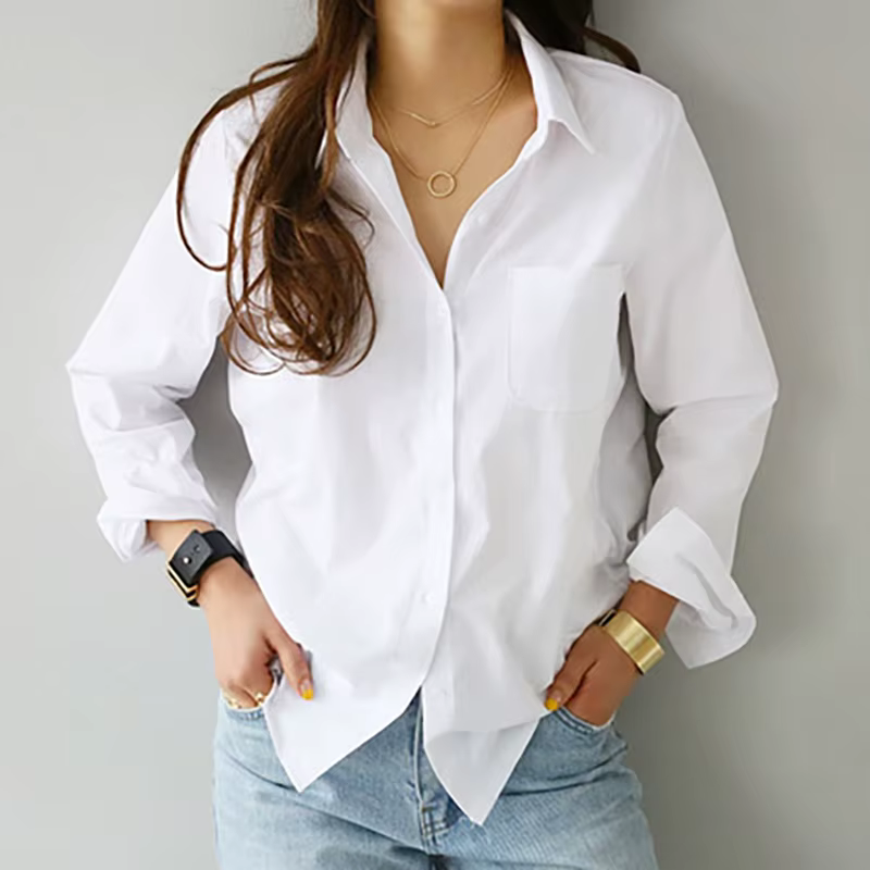 Chemise blanche à manches longues pour femmes, chemisier adt rabattu, chemise décontractée en coton,